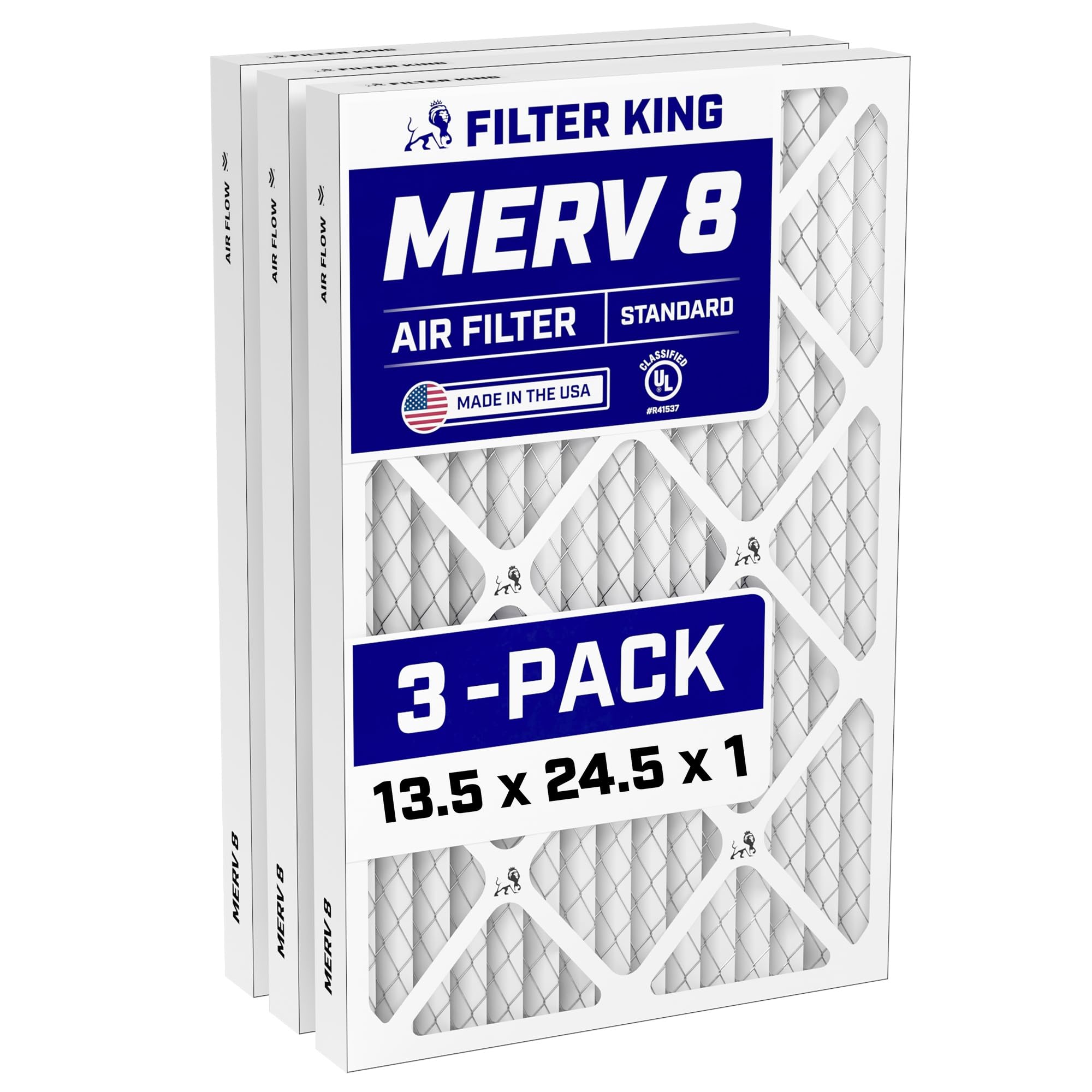 Filter King 13.5x24.5x1 Air Filter (MERV 8) (3-Pack) Dust & Allergy Control AC Furnace Filters, MADE IN USA, HVAC, Pleated, Electrostatic (Actual Size: 13.5 x 24.5 x .75) Image