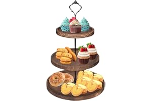 3-Tier Wooden Cupcake Stand, Vintage Round Dessert Tower with Metal Handle, Coffee Brown Tiered Tray for Wedding Birthday Bab