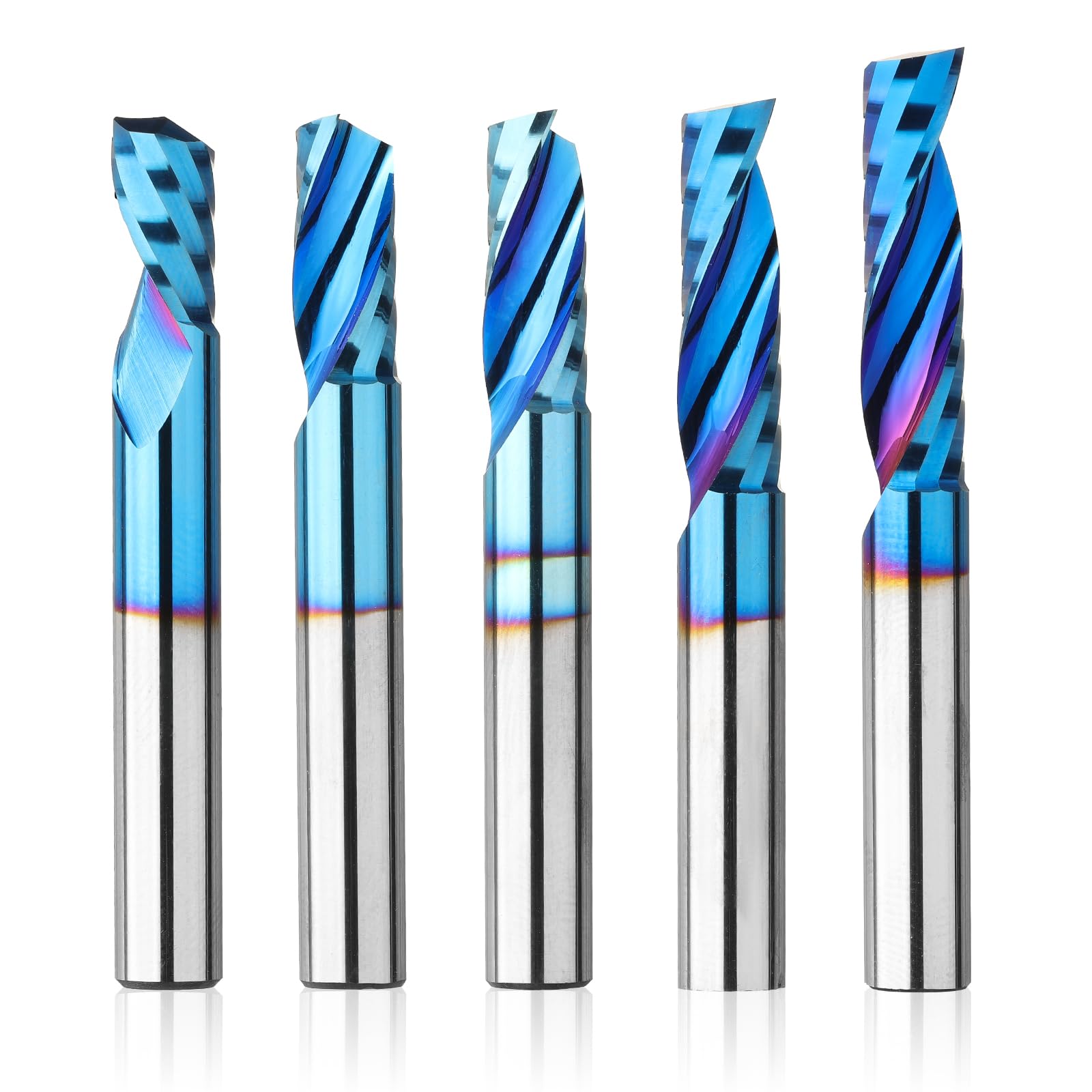 1/4 Inch Shank 5pcs Carbide Spiral O Flute Up Cut CNC Router Bits Set, Solid End Mill Nano Blue Coat for Milling Machine Woodworking Cutting Carving Wood Acrylic PVC PCB MDF, OS05A