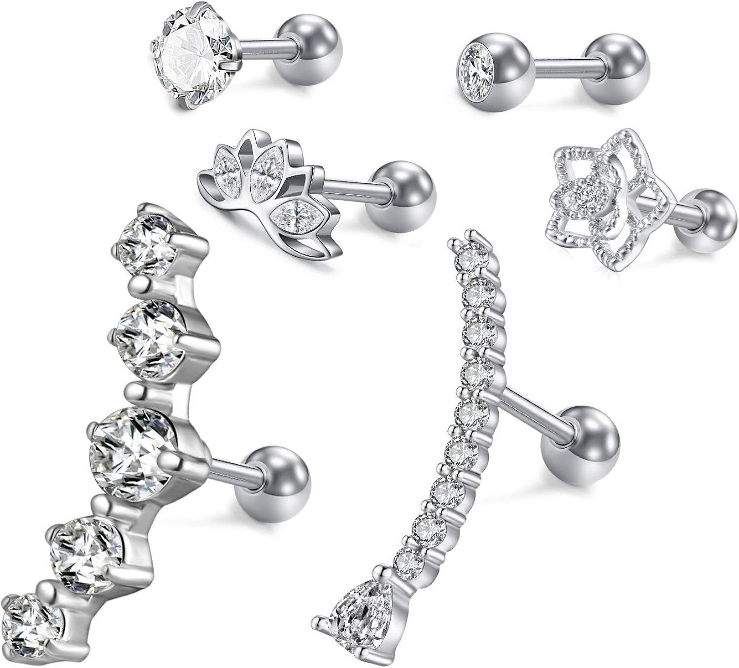 Mayhoop 6 Stück Tragus Helix Ohrringe Piercing Ohrstecker 16G Edelstahl Silber mit Diamant Blume ...