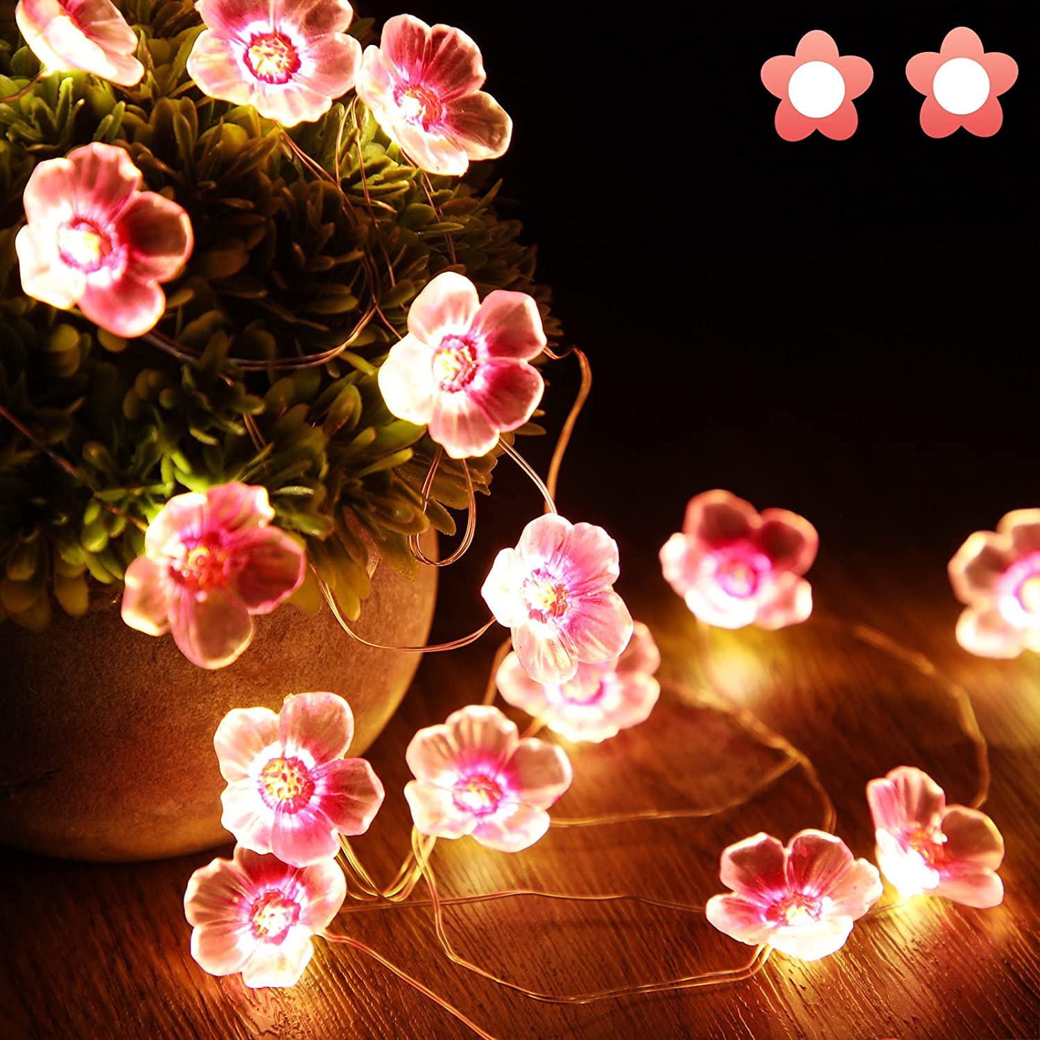 Photo 1 of Mudder 13 FT 40 LEDs Cherry Blossom Flower String Lights for Bedroom, Pink Fairy Lights USB and Battery Operated Decorative String Lights Indoor Outdoor(2 Pack)