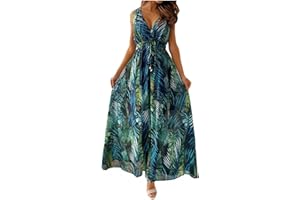 Aniywn Plus Size Boho Maxi Dress,Women's Printing V Neck Sleeveless/Long Sleeve Casual Flowy Split Beach Long Dress