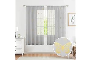 Jubilantex Grey Sheer Curtain with Gold Butterfly Pattern for Kids Room, Linen Textured Rustic Metallic Print 63 Inch Rod Pocket Window Drapes for Girls Bedroom Living Room, 2 Panels