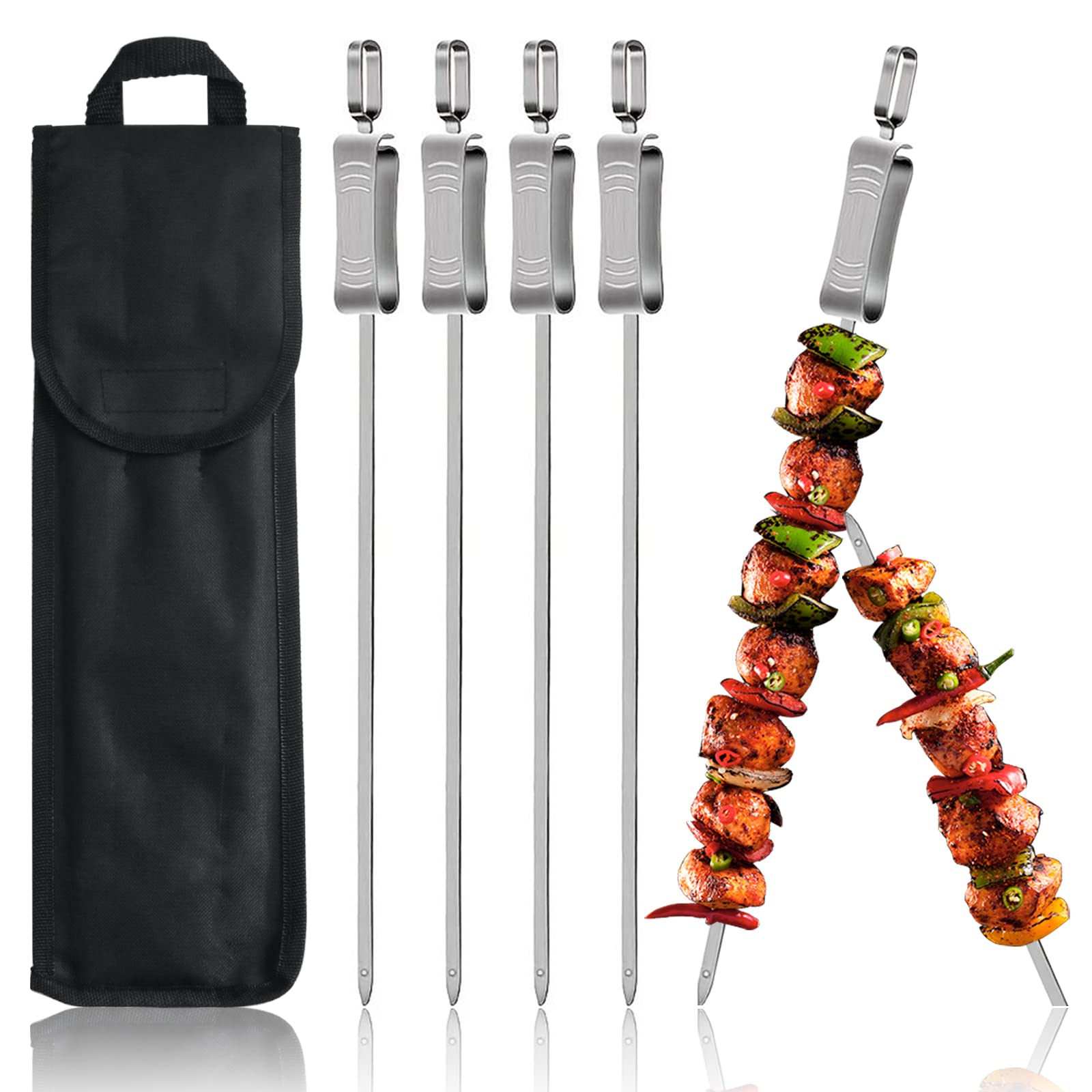 Kabob Skewers for Grilling, 6pcs 40CM Metal Skewers for Kabobs with Slider, Stainless Steel Flat BBQ Skewers Shish Kabob Skewers for Meat Shrimp, Reusable Sword Skewers with Storage Bag Gift