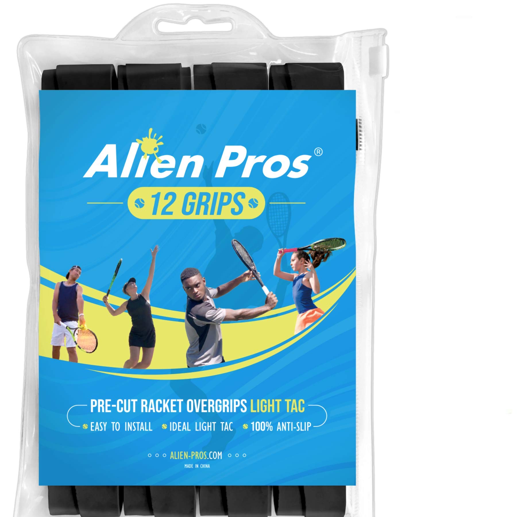 Alien Pros Tennis Racket Grip Tape (12 Grips) – Precut and Light Tac Feel Tennis Grip – Tennis Overgrip Grip Tape Tennis Racket – Wrap Your Racquet for High Performance (12 Grips, Black)