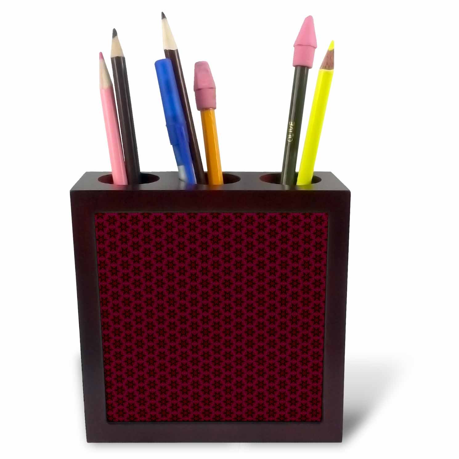 3dRose Deep Burgundy and Black Tiny Geometric Flowers and Stars Pattern-Tile Pen Holder, 5-Inch (Ph_64059_1)