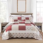 camandy Cotton Bedspread Quilt Bedding Sets 3 Pieces Reversible Coverlet Sets Comforters Vintage Red White Rose Floral Patchwork Bedspread, Queen Size