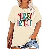 Merry and Bright Plus Size Shirt Women Chenille Patch Christmas Tops Holiday Shirt Women Embroidery Xmas Tee Tops