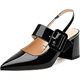 RLYGHWAO Women's Pointed Toe Pumps - 2.55" Chunky Mid Heel Slingback with Adjustable Buckle, Solid Color Dress Shoes for Work, Dates & Balls