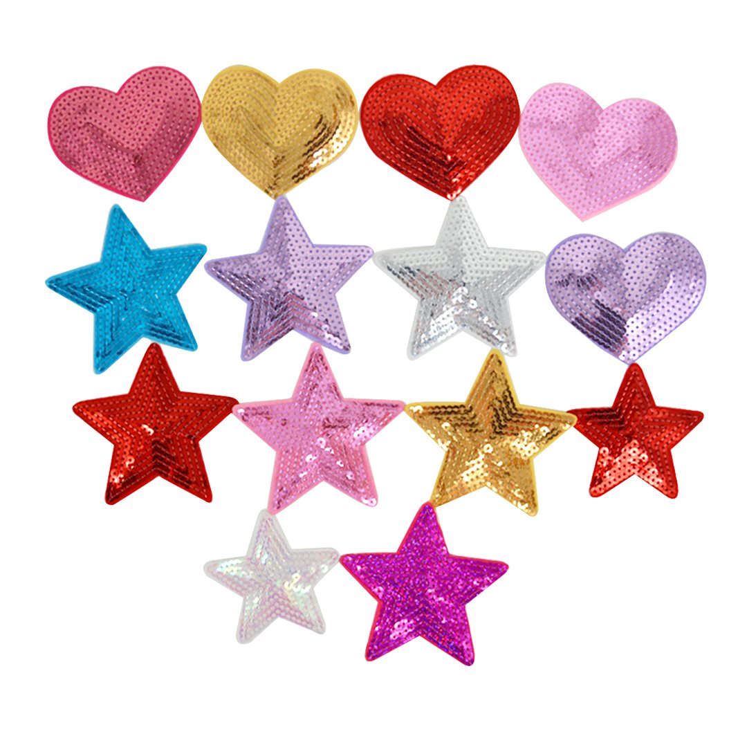 AiSi 14 Pcs Assorted Iron-on or Sew-on Embroidered Patch Sequins Star Heart Shaped Patch Badge Craft Fabrics Appliques for Clothes Hat Shoes Bag