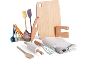 IEATFO Wooden Kids Cooking & Baking Set for Real Cooking, 14 PCS Toddler Montessori Kitchen Tools,Kids Cooking Utensils with Wooden Knife Set,Cutting Board,Apron and Rolling Pin, Food Grade Materials
