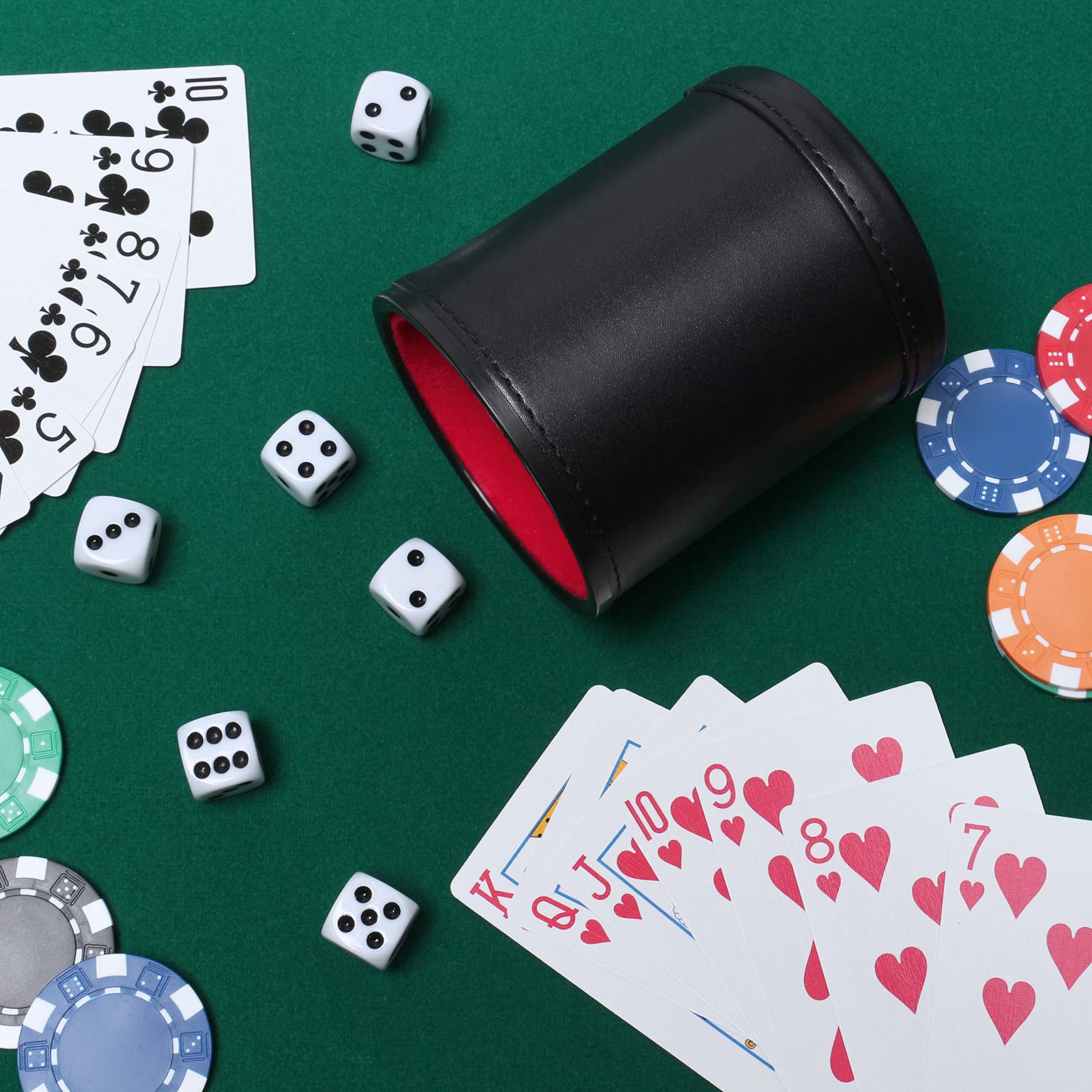 Felt Lined PU Leather Dice Cup Set with 6 Dot Dices (Black, Pack of 1)
