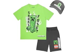 Isaac Morris Limited Minecraft Boys 3-Piece Set - Short Sleeve Graphic T-Shirt, Shorts, and Baseball Cap Outfit for Kids