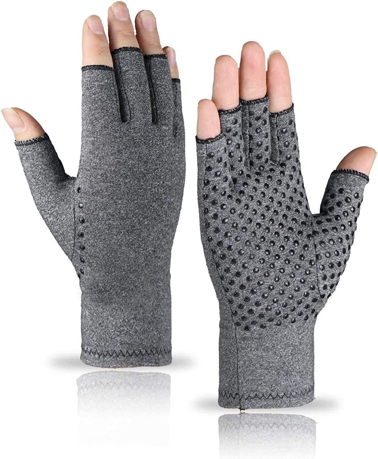 VITTO Anti-Arthritis Gloves with Grips - Compression Fingerless Gloves for Arthritis Pain Relief, Carpal Tunnel, Injuries - For Women & Men (Small, Grey)