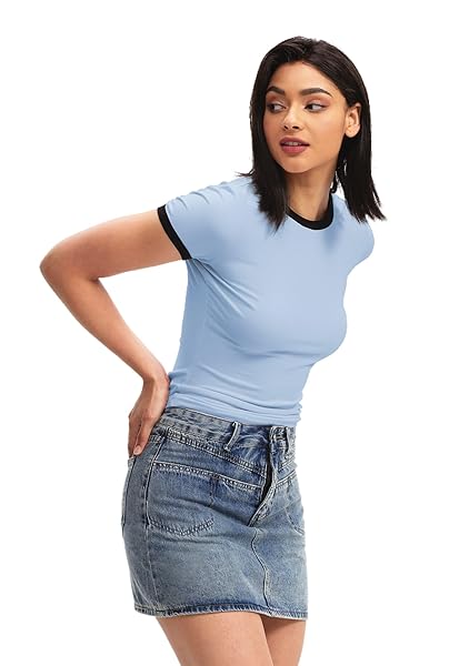 WOSALBA WOMENS FASHION SHORT SLEEVE CREW NECK SLIM FIT GO TO SHIRT COLOR BLOCK TEE Y2K CROP TOP (M, BLUE)