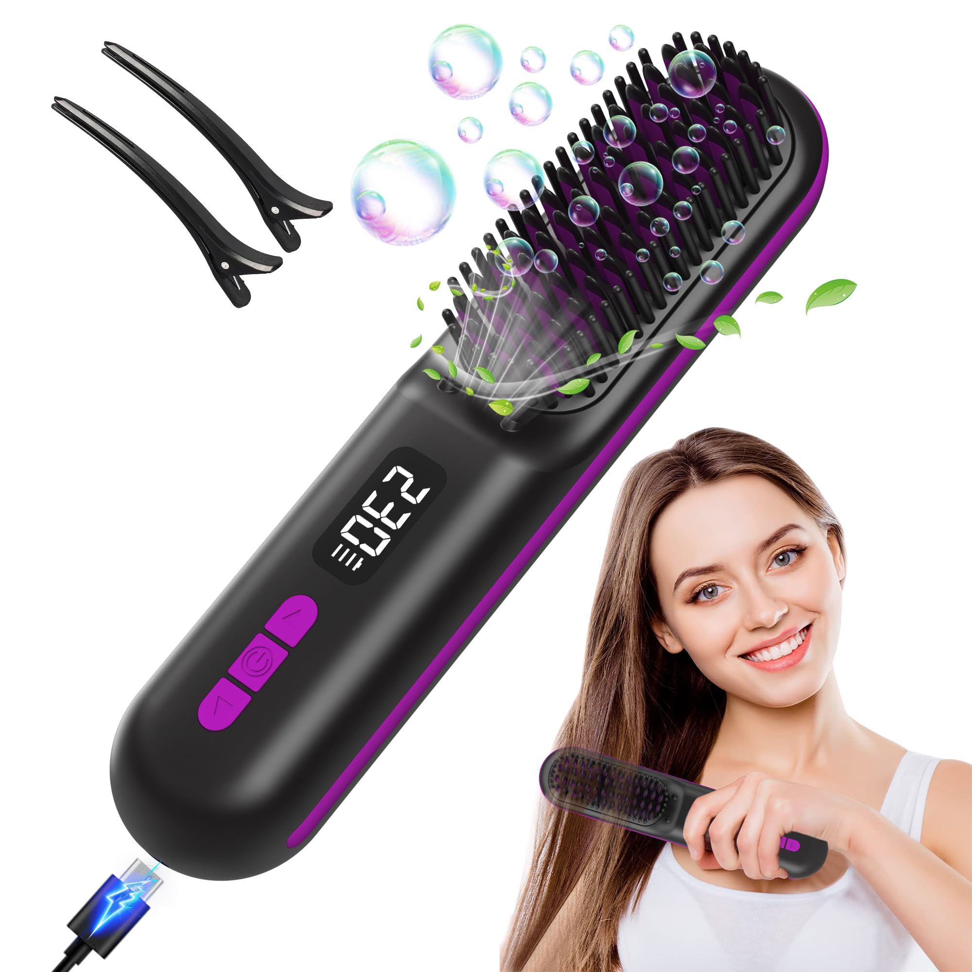 Cordless Hair Straightener Brush, Baimistar Portable Hair Straightener Comb for Travel, Plasma Dense Hot Comb 9 Temps Fast Heating Smoothing Brush, 9600mAh USB Rechargeable