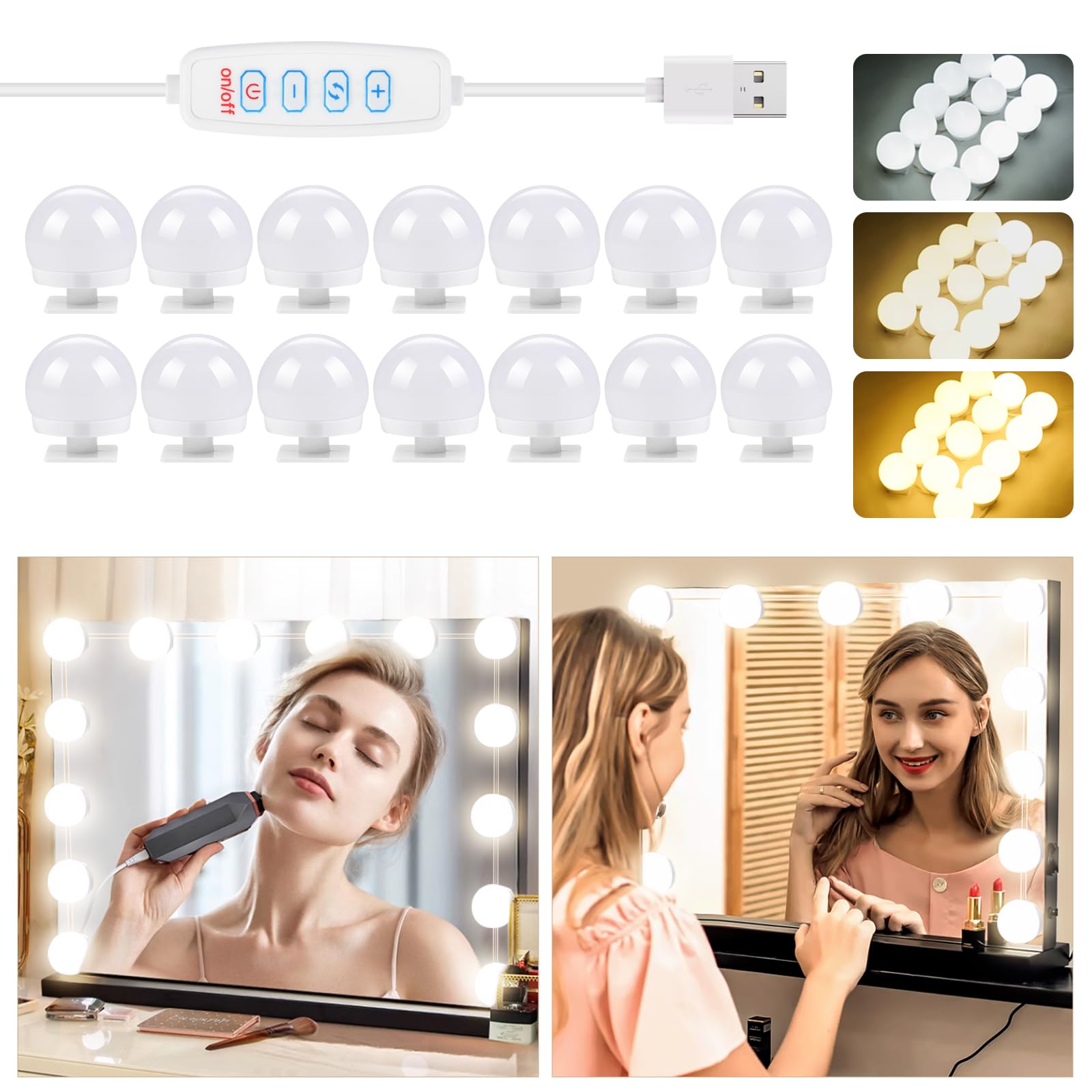 OSDUE Hollywood Mirror Lights Stick on 14 Bulbs, Makeup Lights for Dressing Table, USB Cable Adjustable, LED Vanity Mirror Lights for Mirror Make Up Light for Bathroom Vanity Table Bedroom