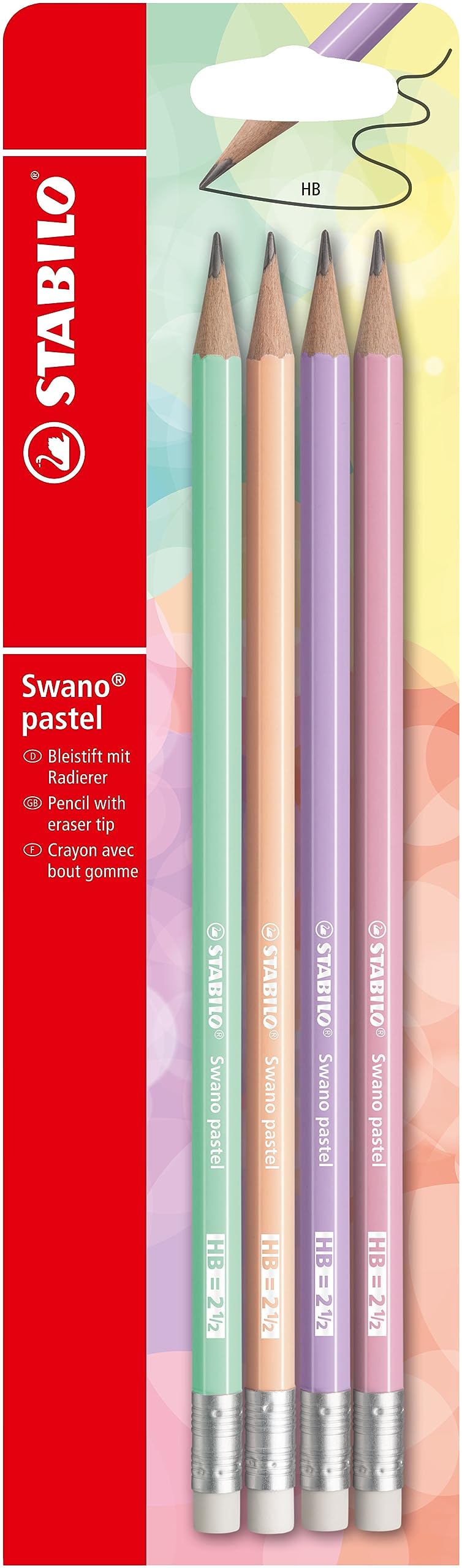 STABILO Swano Pastel - Graphite Pencil with Eraser - Pack of 4 - Assorted Colours - Degree HB