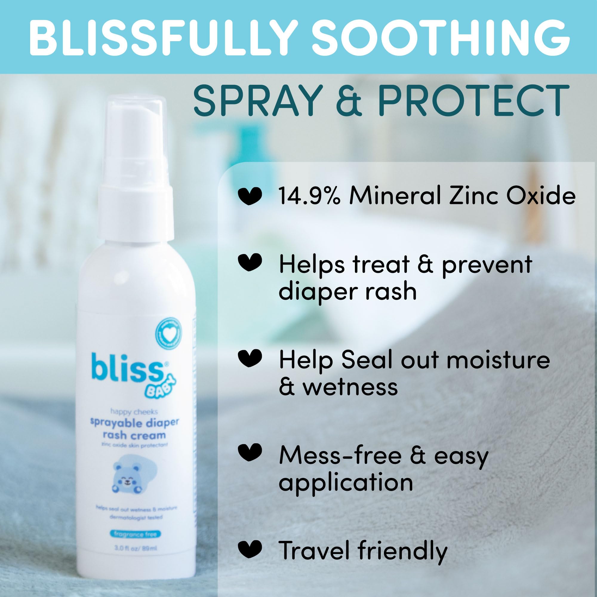 Bliss Baby Diaper Rash Cream Spray - Fragrance-Free, No Touch & Mess-Free, Treats, Soothes & Prevents Diaper Rash, Zinc Oxide, Dermatologist Tested, Vegan, Organic Aloe Vera, Shea Butter & Olive Oil