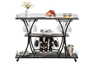 KIVENJAJA Industrial Bar Cart, Rolling Serving Cart with Wine Racks & Glass Holder, 3 Tier Shelf Wooden Metal Liquor Tea Barcart Trolley on Wheel for Home, Grey