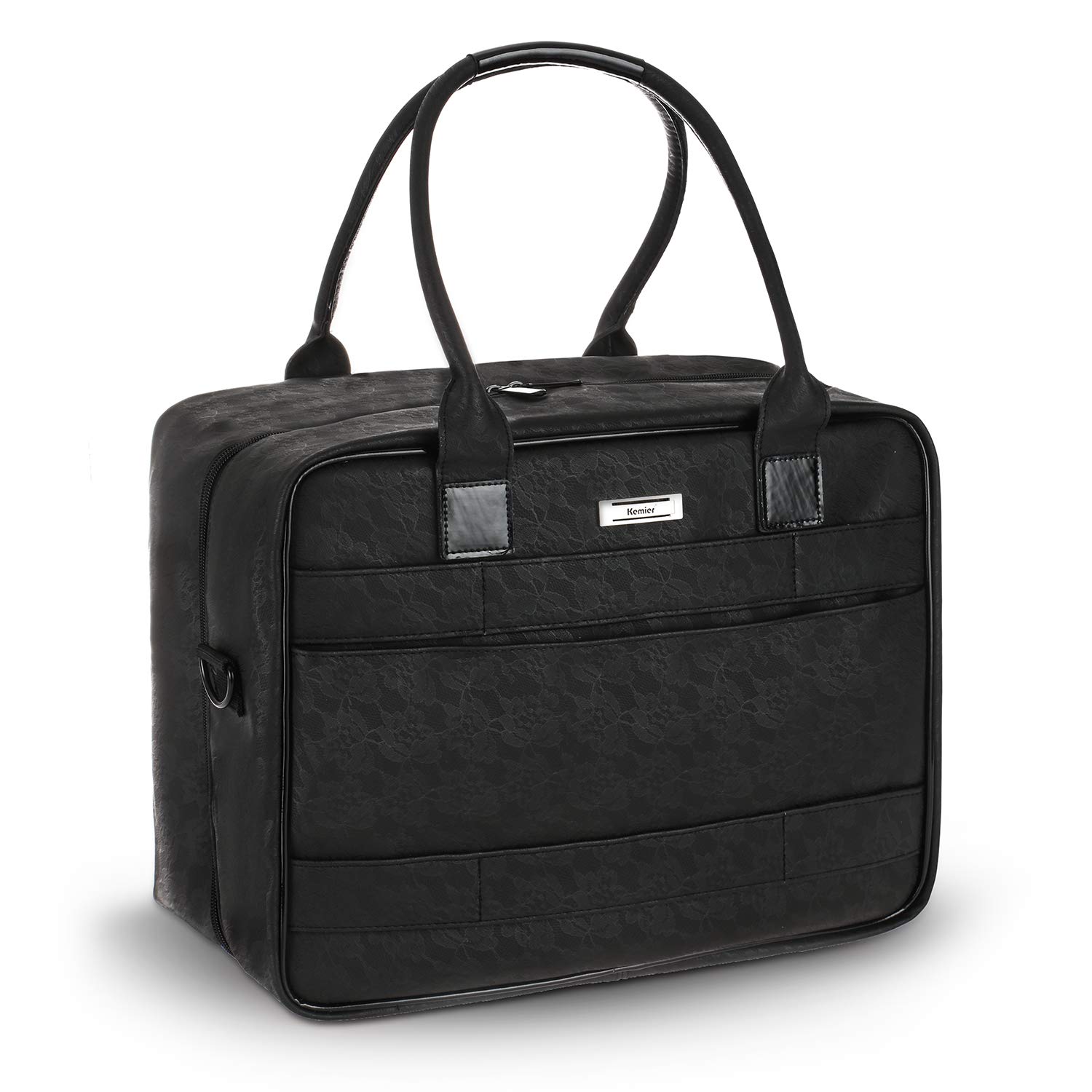 Kemier Travel Makeup Bag PU Leather Portable Makeup Cosmetic Case Organizer with Large Compartments Clear Vinyl Punches for Cosmetics Toiletries Makeup Brushes Accessories Black