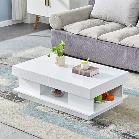 Huisen Furniture Modern White High Gloss Coffee Table Wooden 2 Tiers With Hidden Storage Drawers Living Room Large Rectangular Sofa End Tea Table For Office Waiting Area Amazon Co Uk Kitchen Home