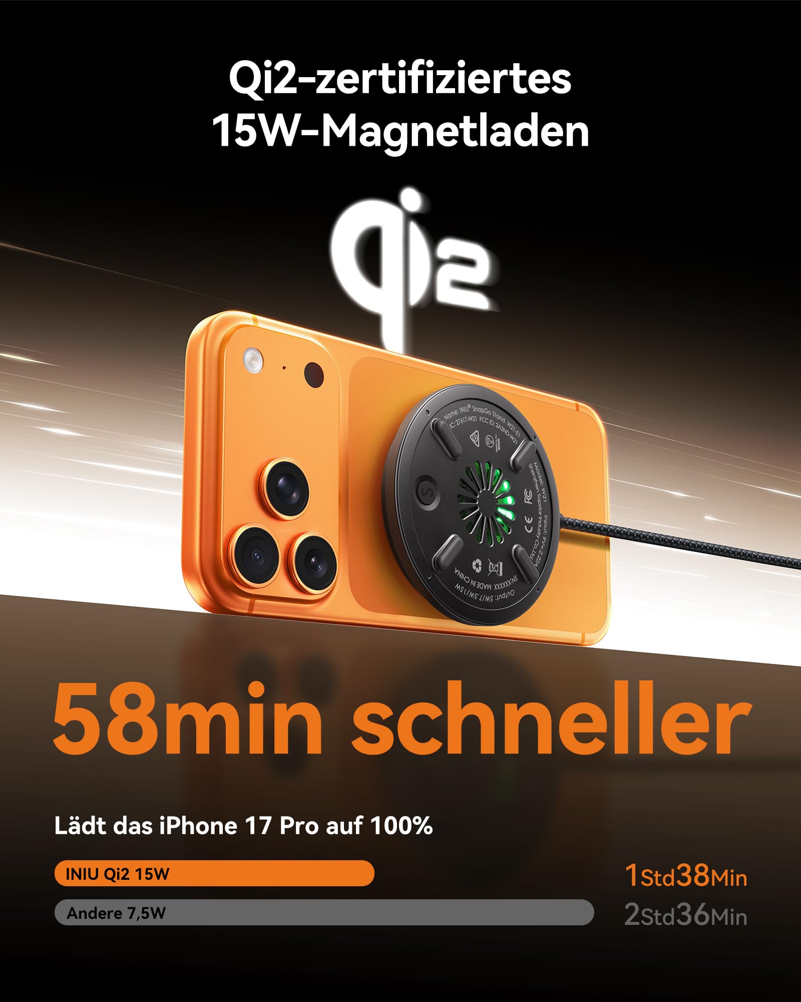 INIU Mag-Safe Ladegerät, 15W Qi2-Zertifiziertes Wireless Charger Induktive iPhone Ladestation mit LED, Kabelloses Ladepad für iPhone 17 16 15 14 13 12 Pro Max AirPods 4 3 Pro 2 (mit 20W USB C Adapter) 2