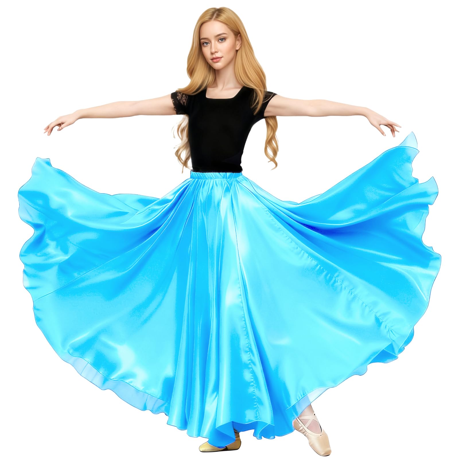 Baisdan Satin Skirt Belly Dance Costume Festival Maxi Full Long Swing Skirt Sky Blue
