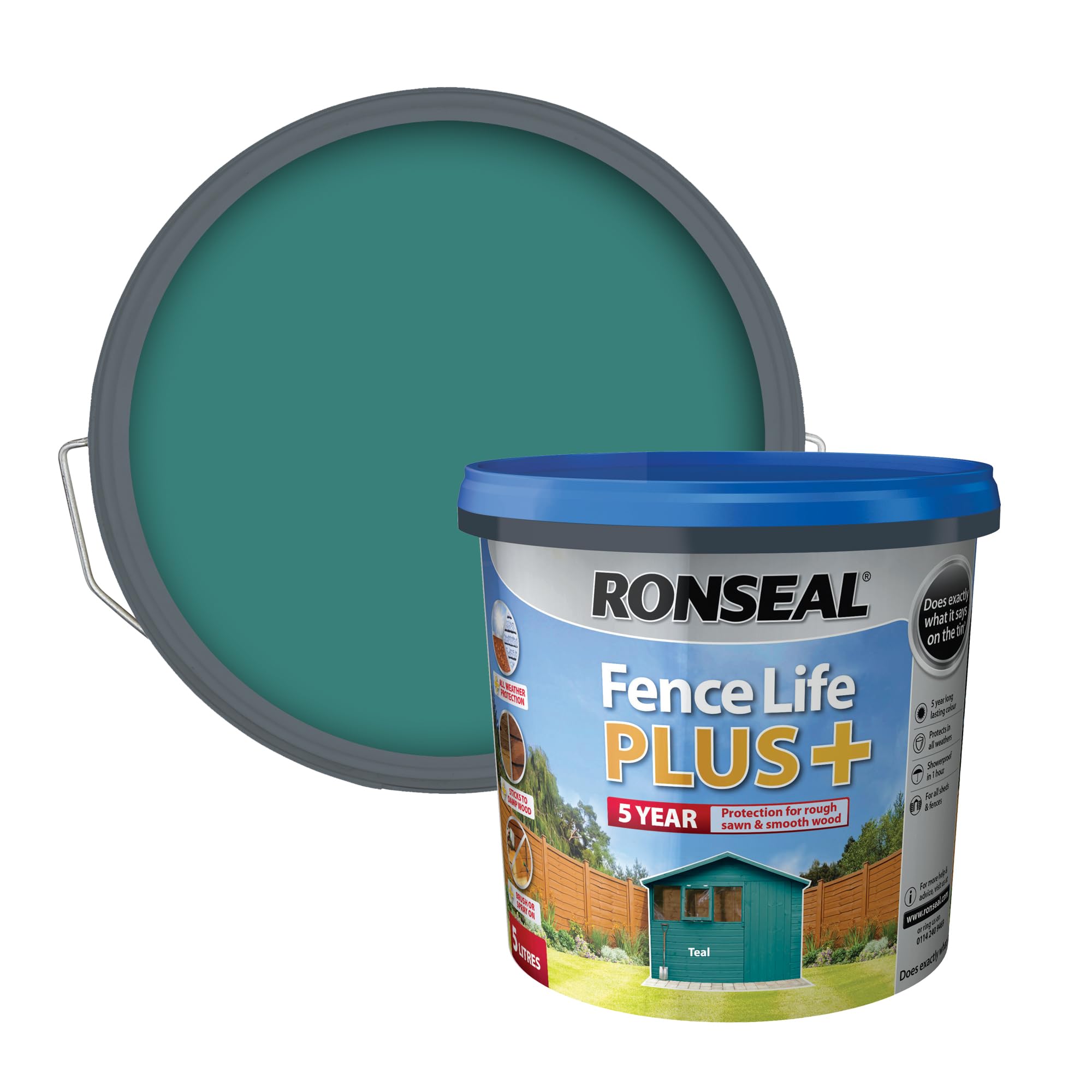 Ronseal Fence Life Plus+ Teal 5L, 5 Year Long Lasting Protecion, All Weather Protection, Sticks to Damp Wood, Brush or Spray on, For all Sheds and Fences also Showerproof in 1 Hour