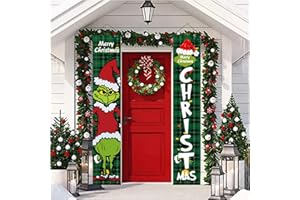 Merry Christmas Decorations Banner, Christmas Porch Sign Red Plaid Hanging Banners for Indoor Outdoor Front Door Wall Xmas Ch