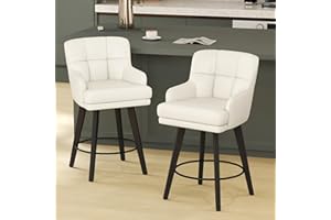 SAECKBERG 360°Swivel Counter Height Bar Stools with Back, 26 inch Solid Wood Legs, Bar Stool Modern Kitchen Island Chairs, Faux Leather (Beige- Faux Leather, 26" H- Set of 2)