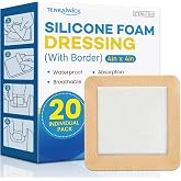 20 Pack Silicone Foam Dressing 4"x4" with Adhesive Border, High Absorbency Silicone Bandages, Waterproof Foam Bandages for Wounds Care, Bed Sore, Diabetic Foot Ulcers