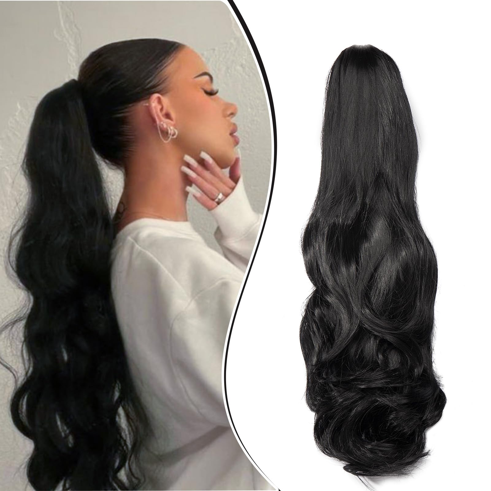 Dcbaboo Ponytail Extension Curly 18inch Claw Clip in Ponytail Hair Extensions Long Wavy Synthetic Pony tails Natural Wave One Piece Hairpiece Fake Ponytail for Women, Black โ image 1