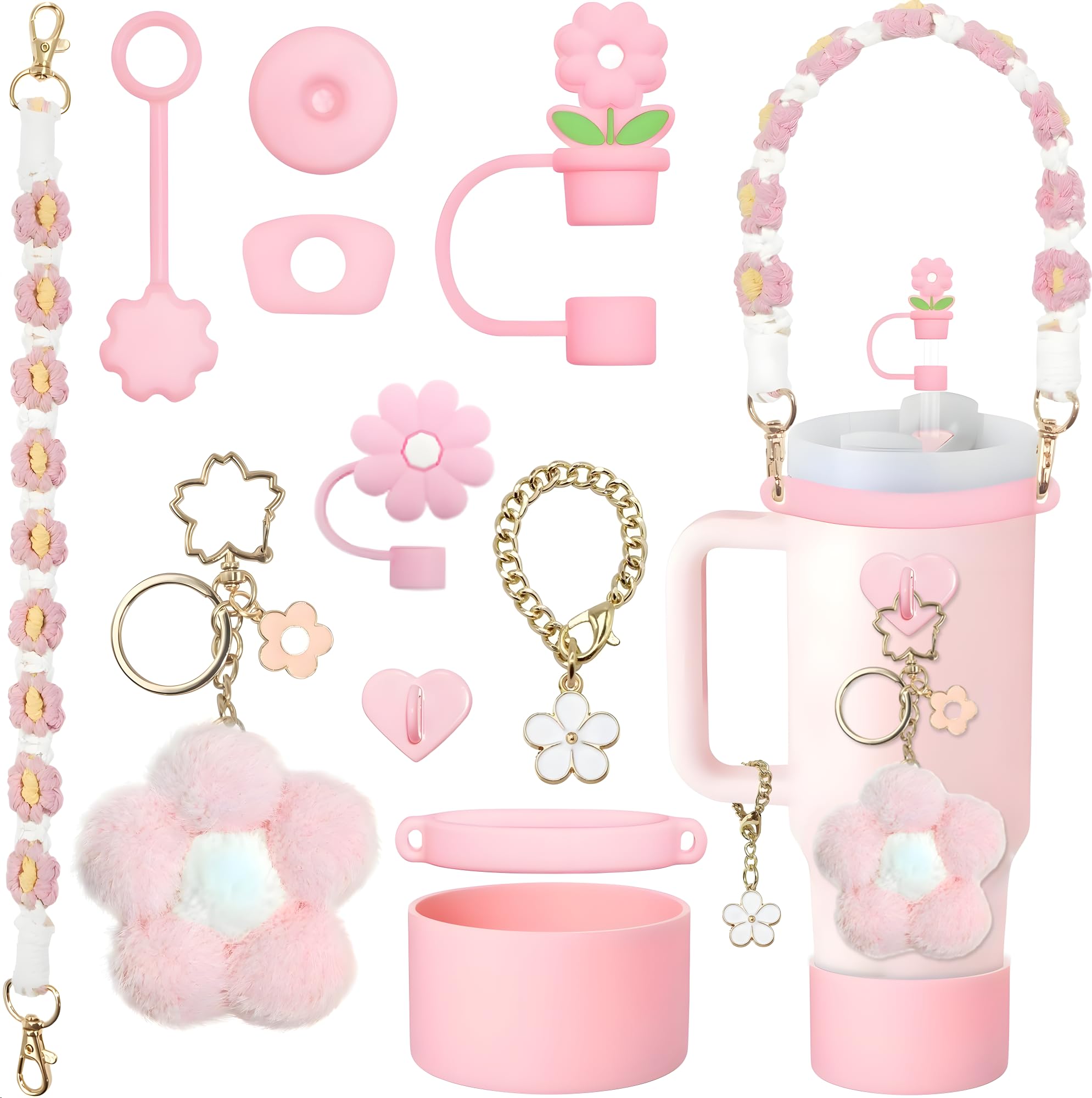 Stanley Cup Accessories Set, 11PCS Decor Includes Bracelet, Lid Ring, Sleeve, Straw Cover, Pendant, Anti-Spill Stopper, Heart Base for 40oz&30oz Stanley Cups, Pink