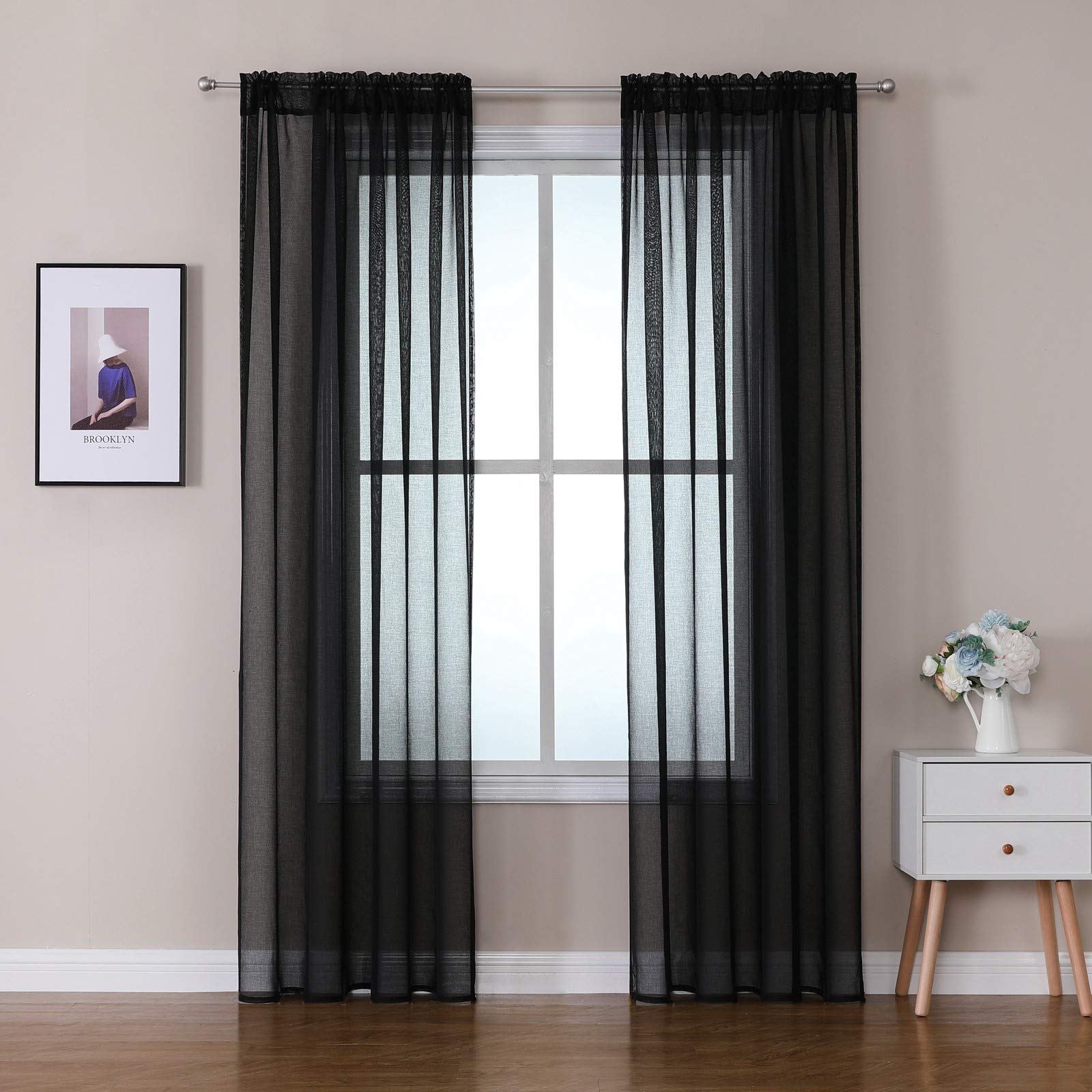 MIULEE 2 Panels Sheer Window Curtains Elegant Window Voile Panels/Drapes/Treatment for Bedroom Living Room 55" Wx102 L Rod Pocket Black