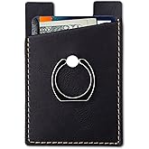 Leather Phone Card Holder - Universal Phone Ring Stand & Credit Card Sleeve - Black
