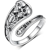 Feijiesi Gothic Skull Ring 925 Sterling Silver Skeleton Spoon Rings for Women Adjustable Skull Rings for Women Gothic Jewelry Gifts for Women Men