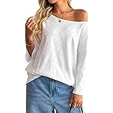 LilyCoco Womens Off The Shoulder Long Sleeve Top Loose Fit Casual Cotton T Shirts