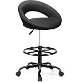 BESTFAIR Office Drafting Chair, Counter Height Bar Stools with Back Support | Adjustable Foot Rest &amp; Wheels, Shop Rolling 360&deg;Swivel Chair for Standing Desk Kitchen Island Salon Home Garage Vanity, Black