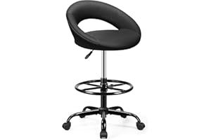 BESTFAIR Office Drafting Chair - Bar Stools with Back Support, Adjustable Foot Rest and Wheels, Shop Rolling Swivel Chair for Standing Desk Counter Kitchen Salon Home Vanity, Black
