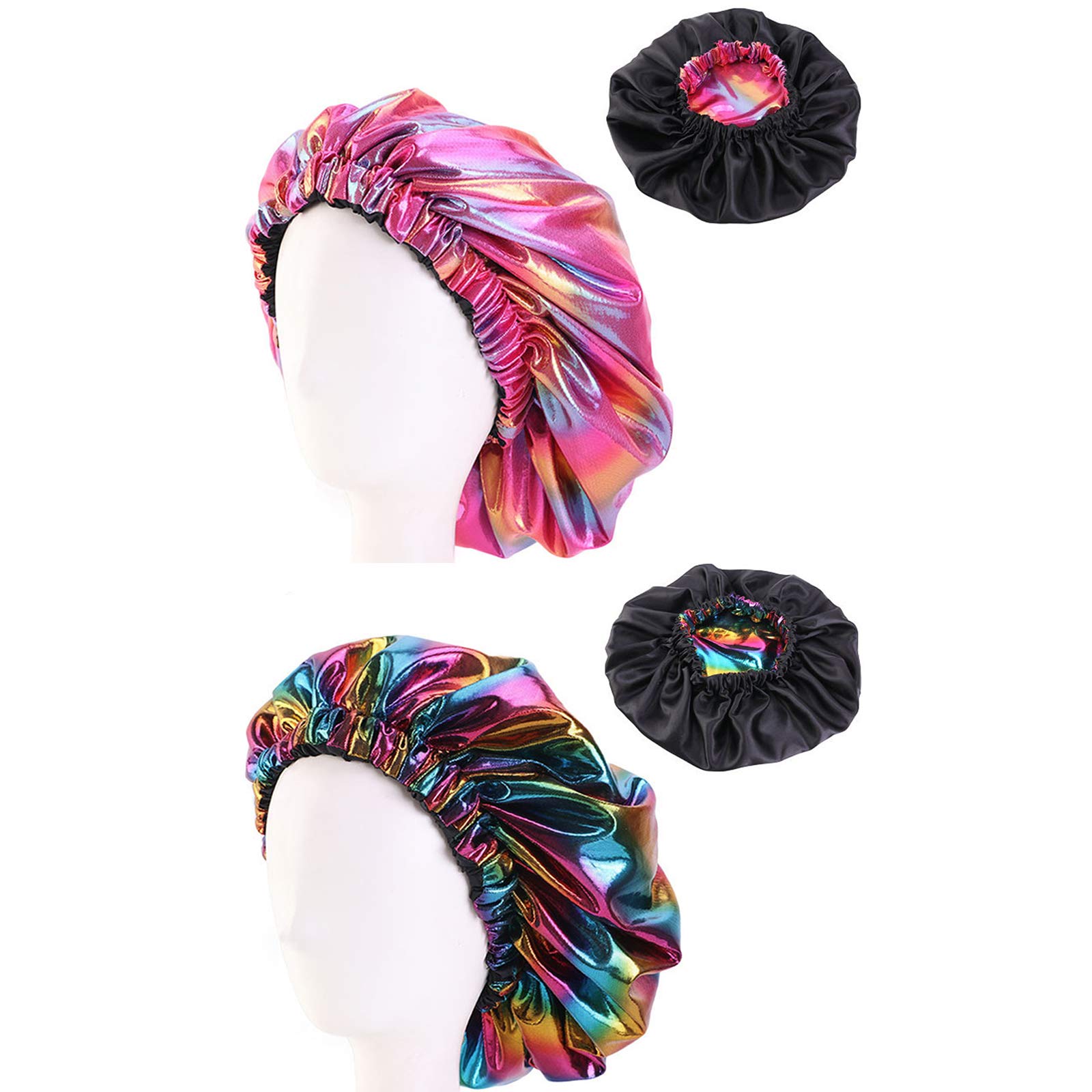 Luovce 2 Pieces Women's Bonnets Double-layer Laser Elastic Round Night Caps Shower Caps Chemotherapy Caps