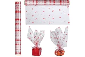 SHARELUCK Valentine Cellophane Wrap Roll Red Hearts Design(100 feet x 17.5 in) 2.3 Mil Thick Crystal Clear with Special Red Hearts Cellophane Bags large For Flower Wrapping, Gift Basket Wrap Hearts Design Cellophane for Valentine‘s Day Gift Wrapping
