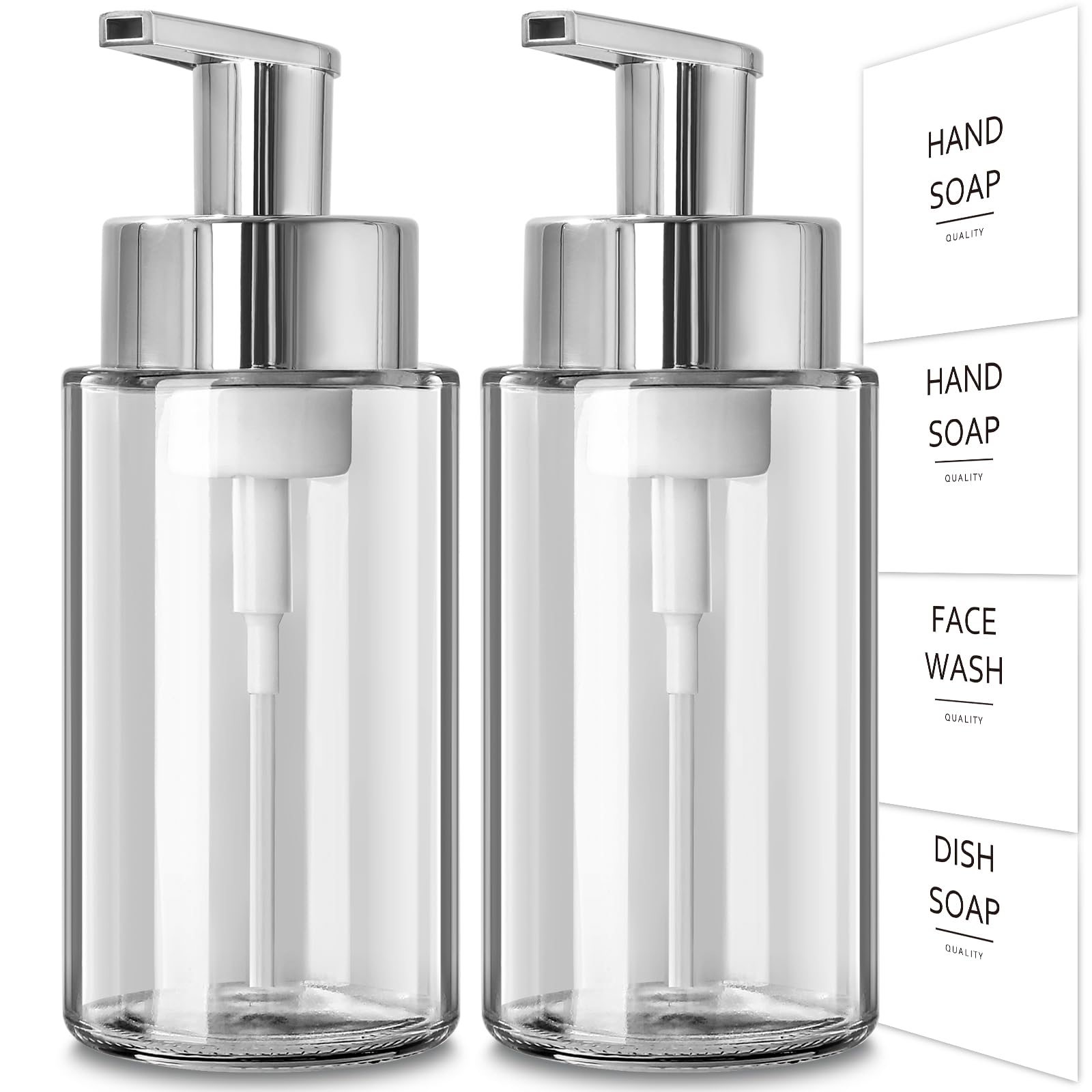 RYTOXILO Glass Soap Dispenser, 10 oz/300ml Foaming Soap Dispenser, 2 Pack Foaming Hand Dispenser for Bathroom & Kitchen, Clear Refillable Foam Soap Bottle with Silver Pump