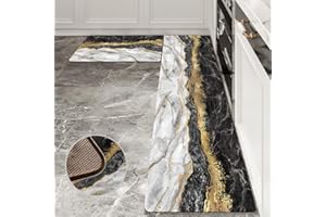 Black Gold Marble Kitchen Mat and Rugs 2 Pieces Anti Fatigue Cushioned Kitchen Floor Mat Non-Slip Leather Kitchen Mats Set fo