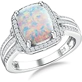 RANDES Womens Engagement Ring 925 Sterling Silver Oval Elongated Cushion Cut Sapphire/Ruby/Emerald/Opal Gemstone Anniversary Statement Cocktail Halo Ring Size 6 to 10 (with Gift Box)