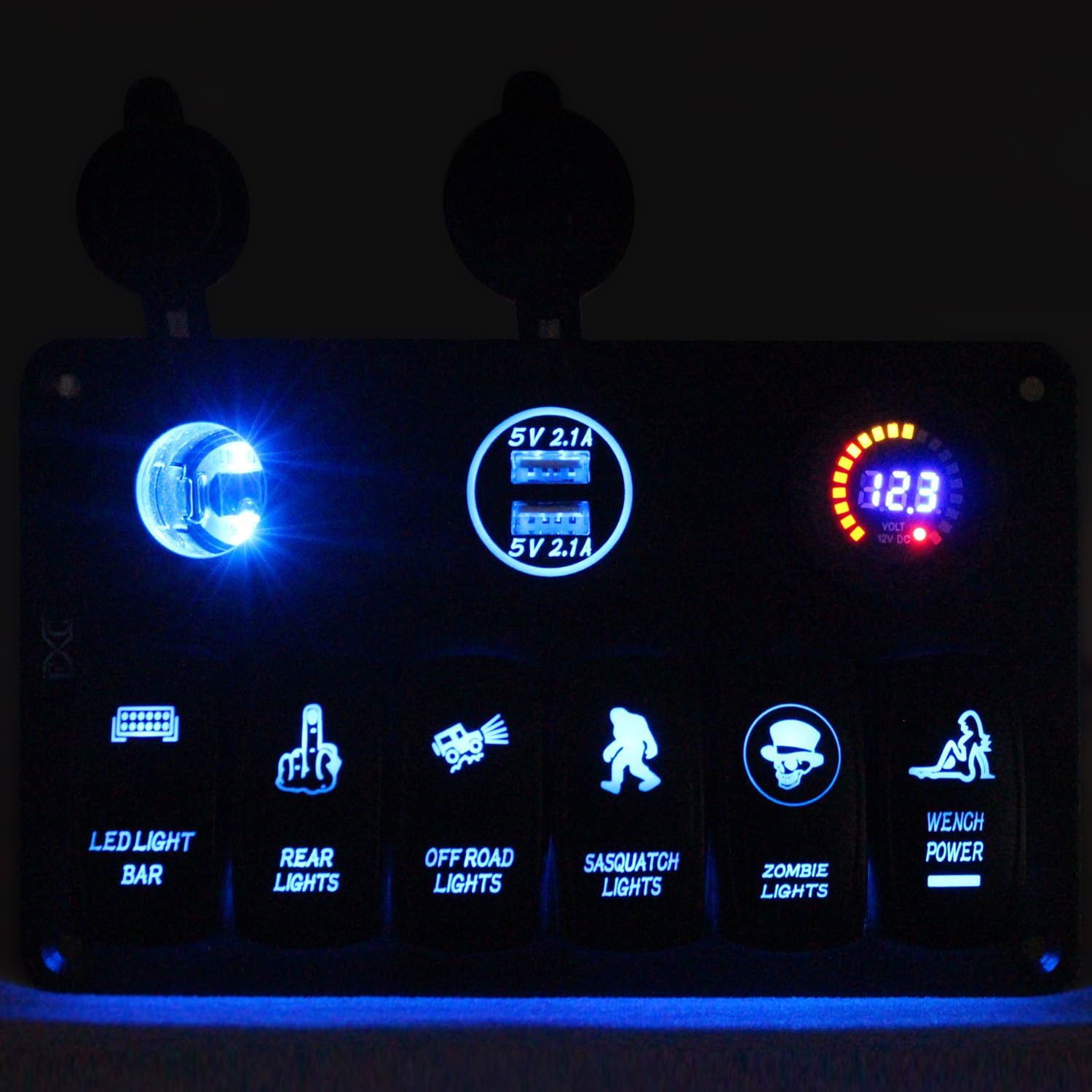 FXC Boat Rocker Switch Panel Voltmeter 12V Cigarette Socket Double USB Power Charger Adapter Flush Mount Waterproof 6 Gang Switches Panel Black for RV Car Marine¡­ : Sports & Outdoors