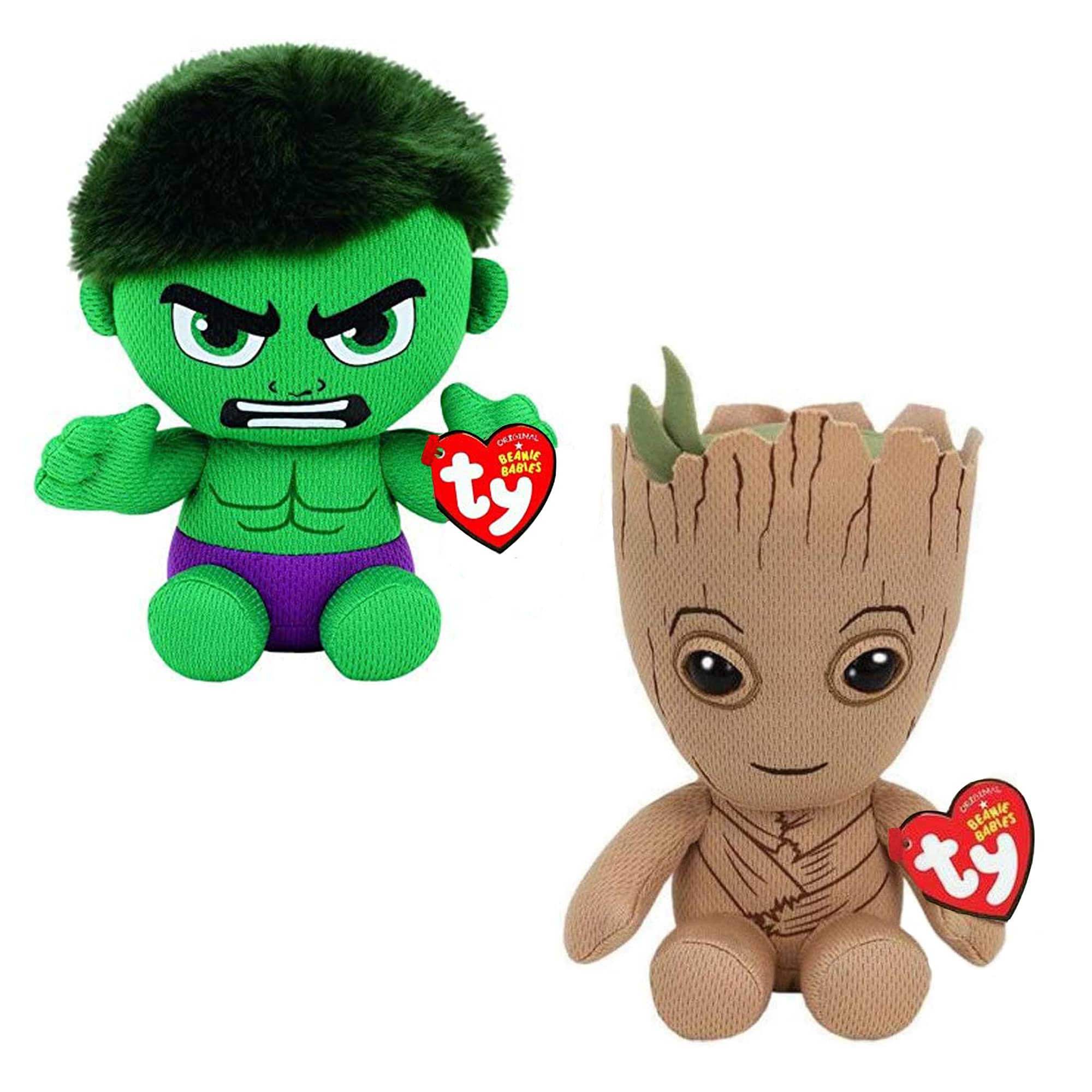 TY Toys Marvel Hulk & Groot Multi Pack 8" (Regular) | Licensed Beanie Baby Soft Plush Toy | Collectible Cuddly Stuffed Teddy, Multicolor (TYMARVELG2)