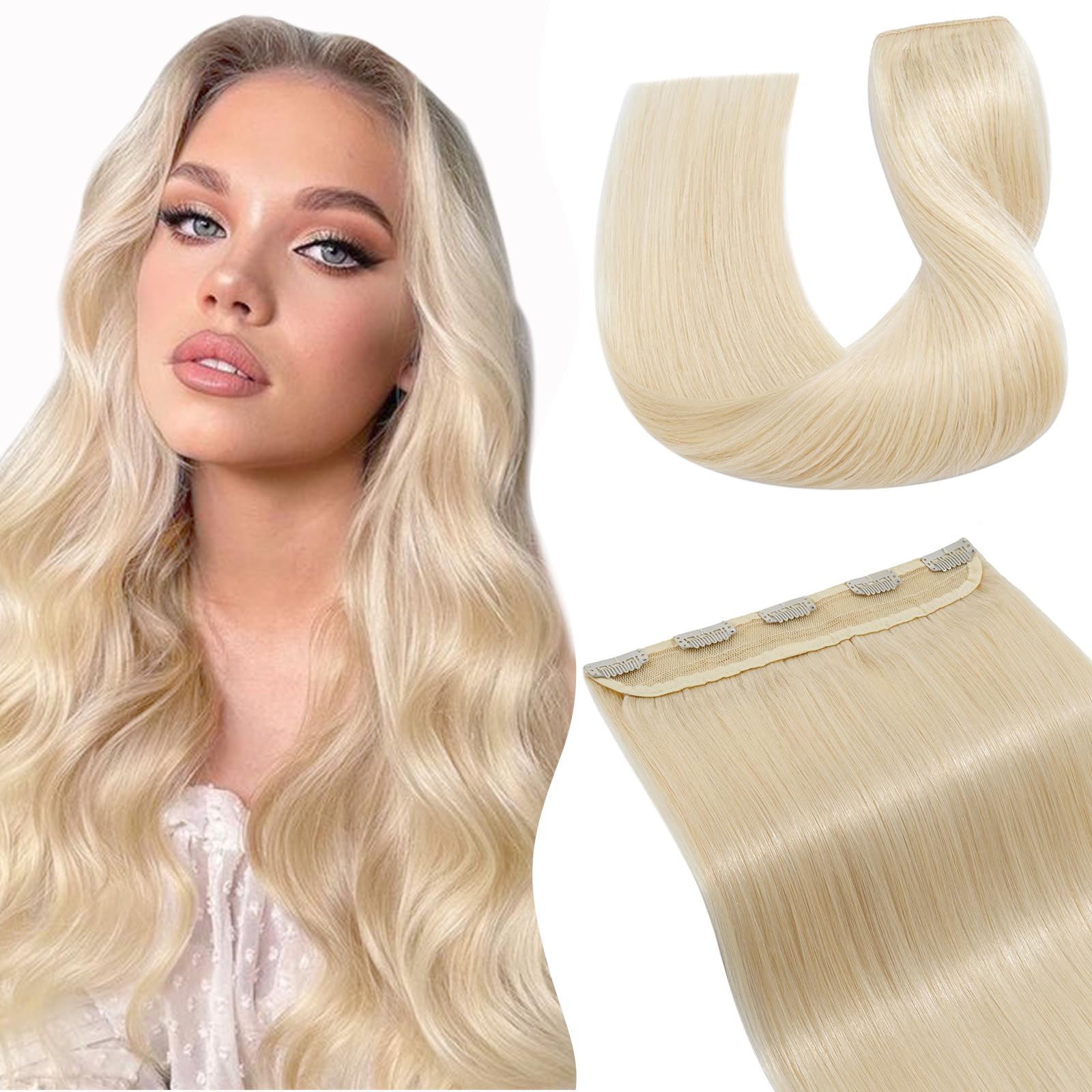 TESS Clip In Hair Extension 14 Inch,Hair Extensions Real Human Hair One Peice 5 Clips Straight Natural Hairpieces for Womens/Girls(#60 Platinum Blonde,14Inch)