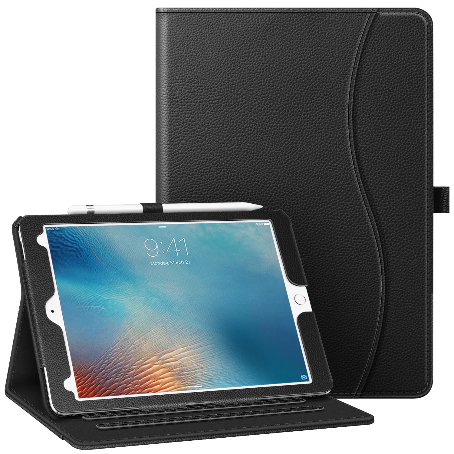 FINTIE Case for iPad Pro 9.7 Inch 2016 Release Tablet- [Corner Protection] Multi-Angle Viewing Folio Smart Stand Back Cover with Pocket, Pencil Holder, Auto Wake/Sleep, Black