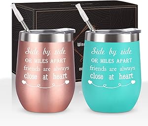 12 Oz Insulated Friends Wine Tumbler Set of 2, Side By Side or Miles Apart Friends Are Always Close at Heart Wine Tumbler for Friendship Good Friends Long Distance Friends, Mint and Rose Gold